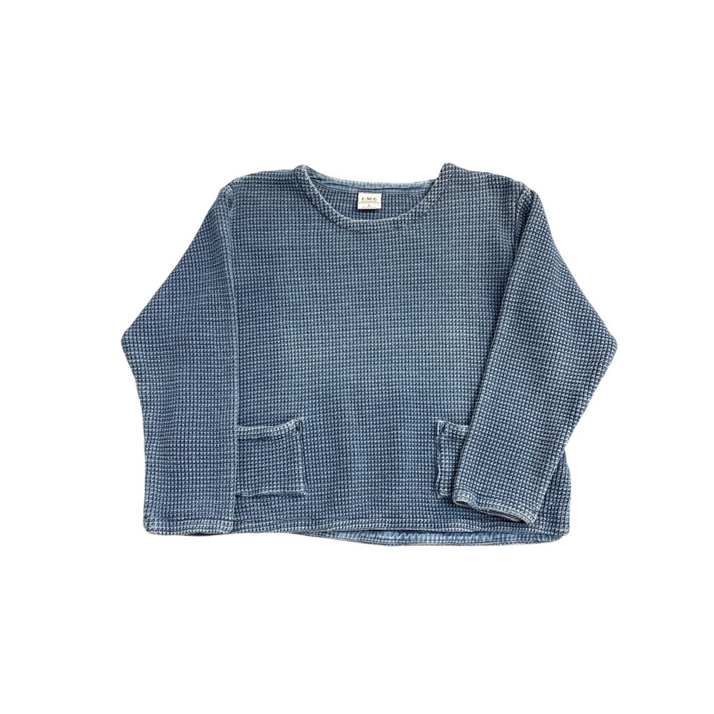 CMC Color Me Cotton Blue Waffle Knit Top Womens Large L Patch Pockets USA Made
